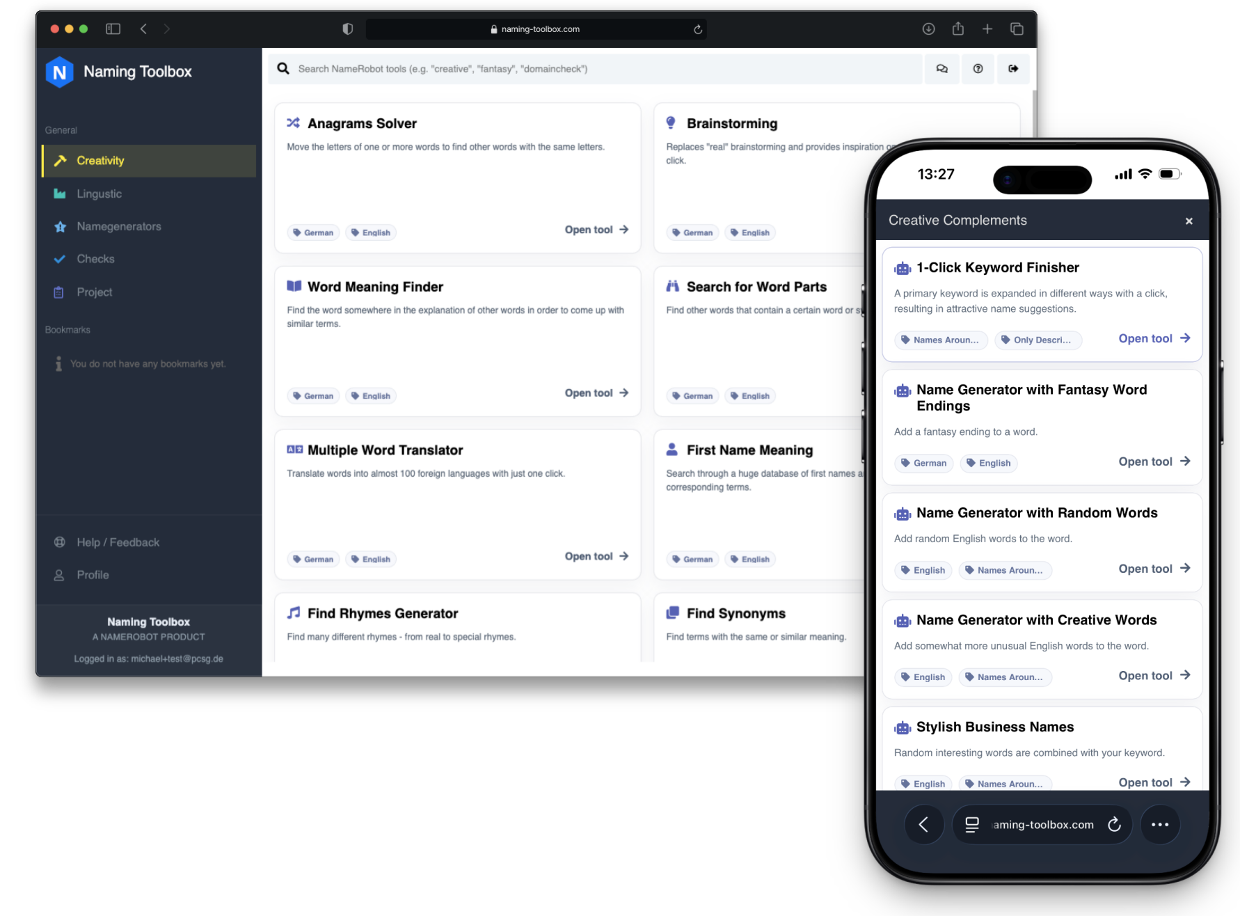 Naming Toolbox Screenshot mit Namensgenerator, Keyword Generator und Kreativ-Tools für Branding auf Desktop und Smartphone